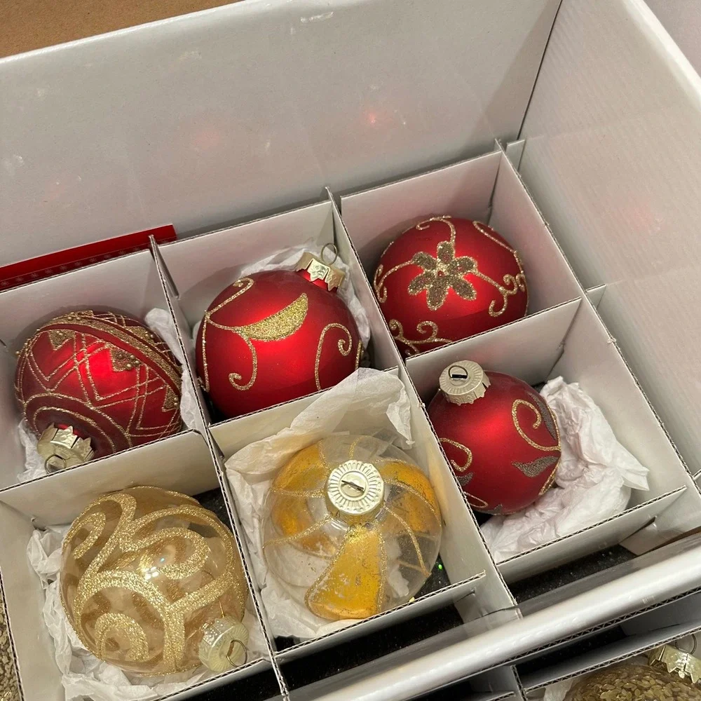 Winter Lane Red Gold Glass Christmas Ornaments Set of 20 Glitter Sequin Assorted